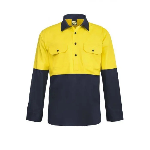 Picture of WorkCraft, Lightweight Hi Vis Two Tone Half Placket Vented Cotton Drill Shirt W Semi Gusset Sleeves