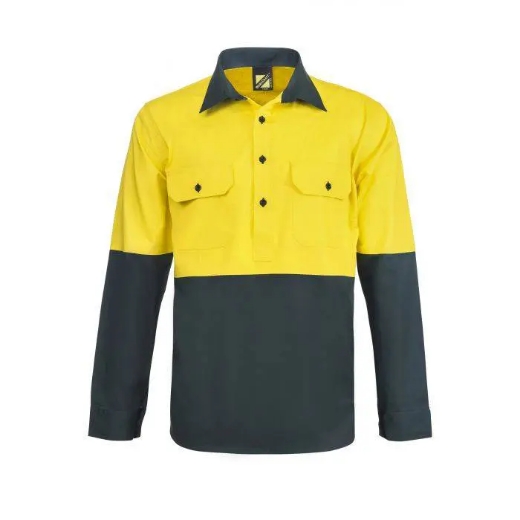 Picture of WorkCraft, Lightweight Hi Vis Two Tone Half Placket Vented Cotton Drill Shirt W Semi Gusset Sleeves